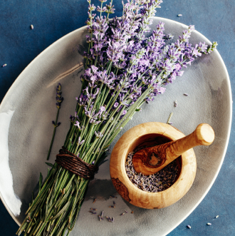 fresh bundle of lavender and wooden mortar with la 2021 08 26 18 49 57 utc 1 1