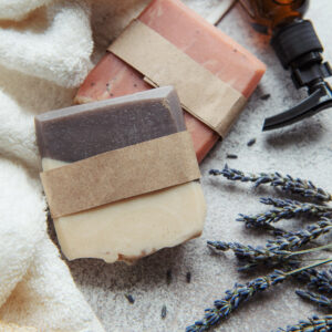 Natural soap with dried lavender flowers